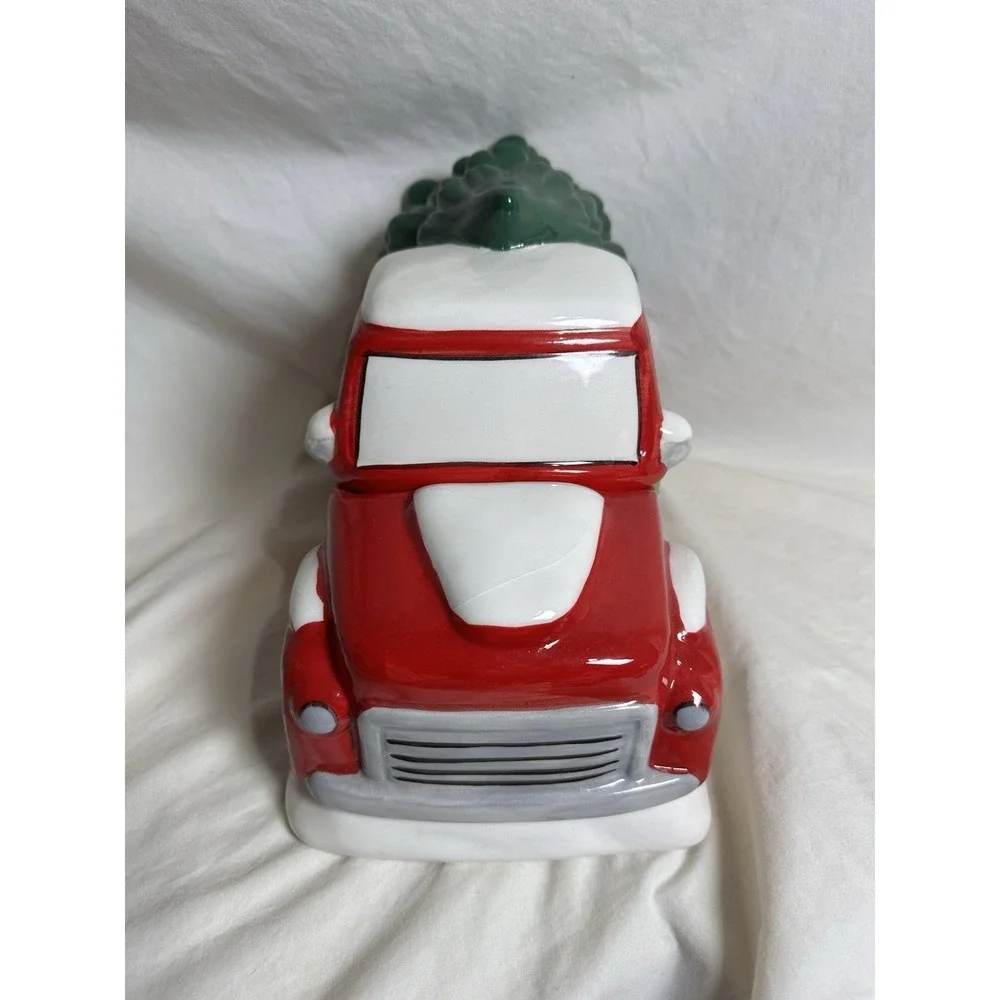 Christmas Red Truck Cookie Jar Canister w Tree Ceramic Holiday‎ Decor